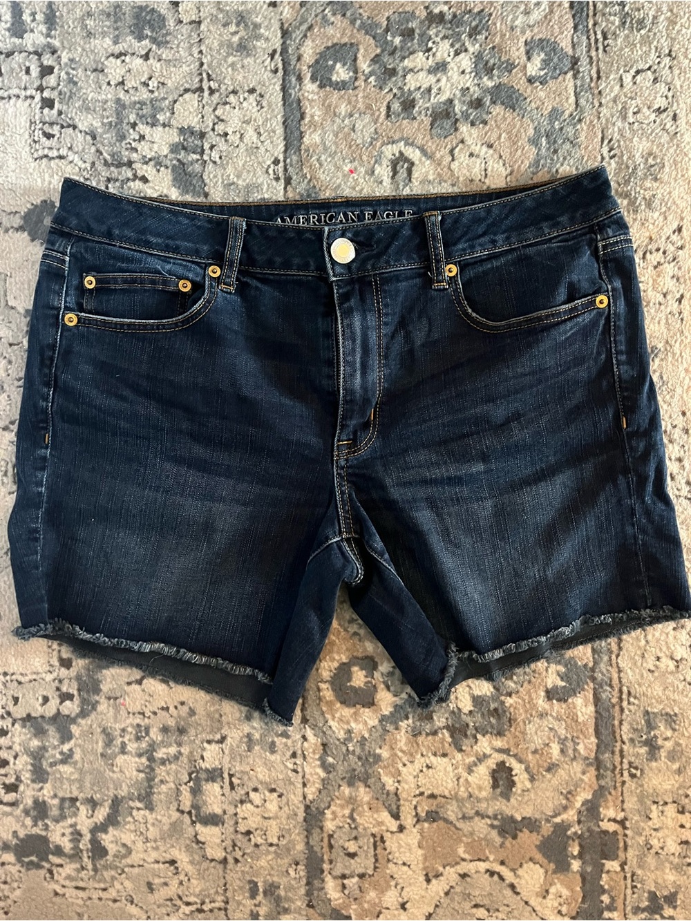 American Eagle Outfitters Women's Dark Blue Frayed Hem Denim Shorts